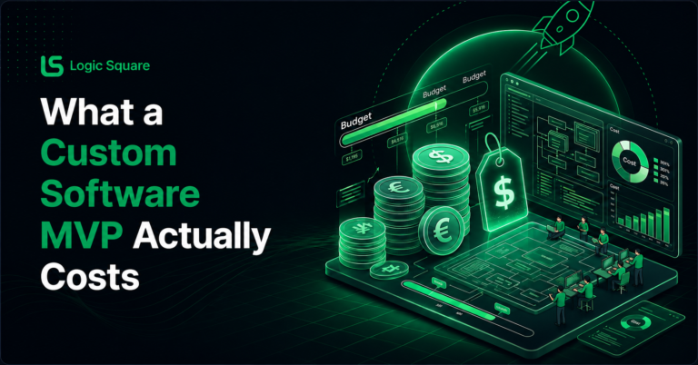 Custom software MVP cost illustration with budget, coins, and software dashboard