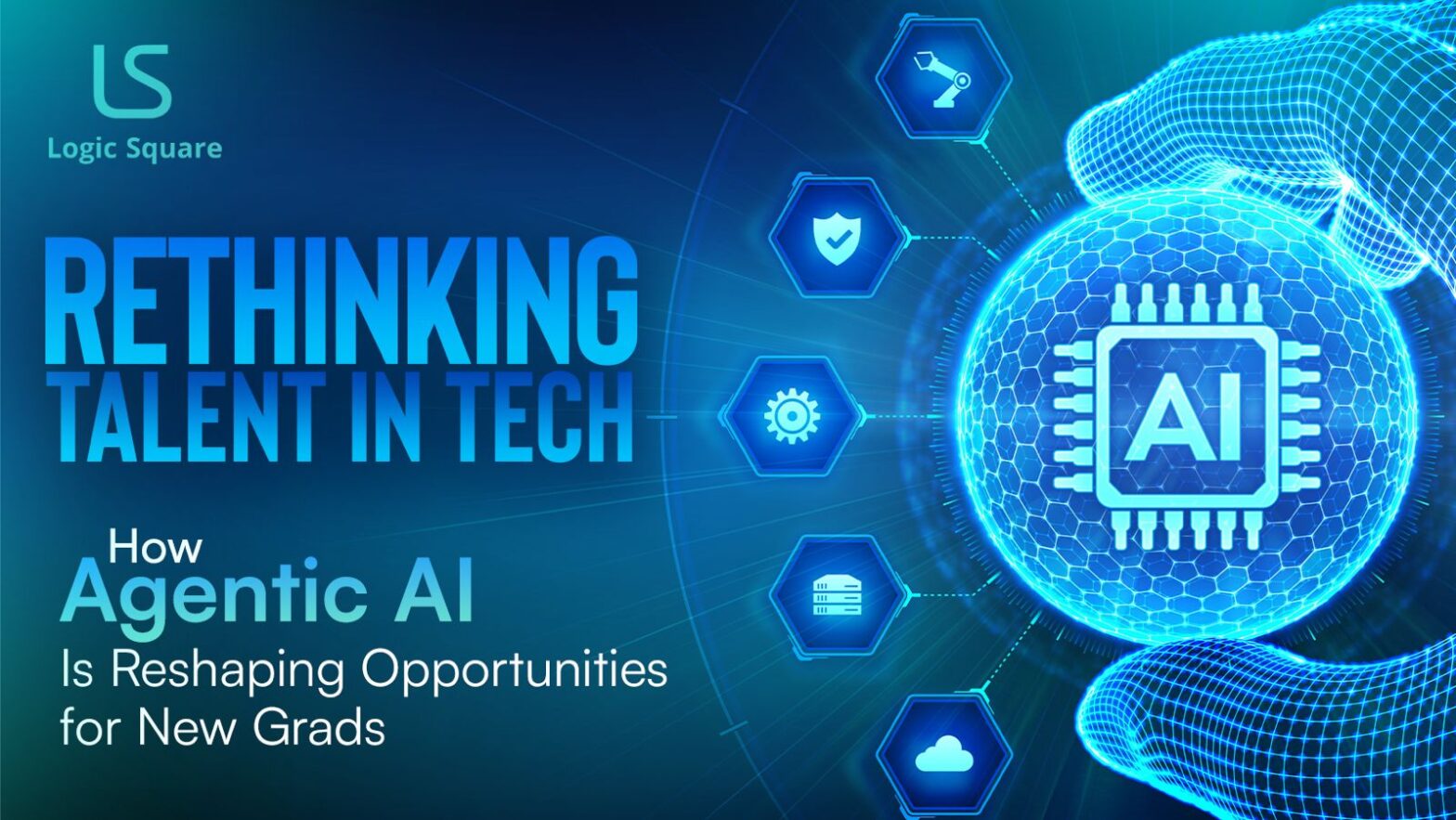 Illustration representing how Agentic AI is reshaping tech career opportunities for new graduates with futuristic AI graphics and digital technology elements.