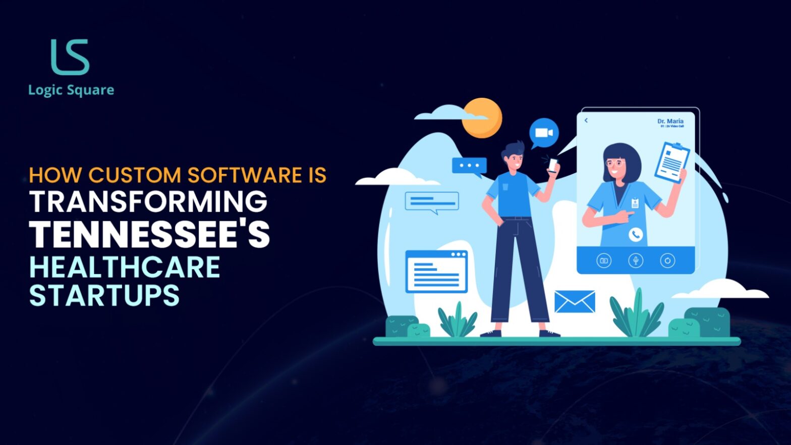 Illustration of a patient using a mobile device for a video call with a doctor, representing healthcare tech in Tennessee.