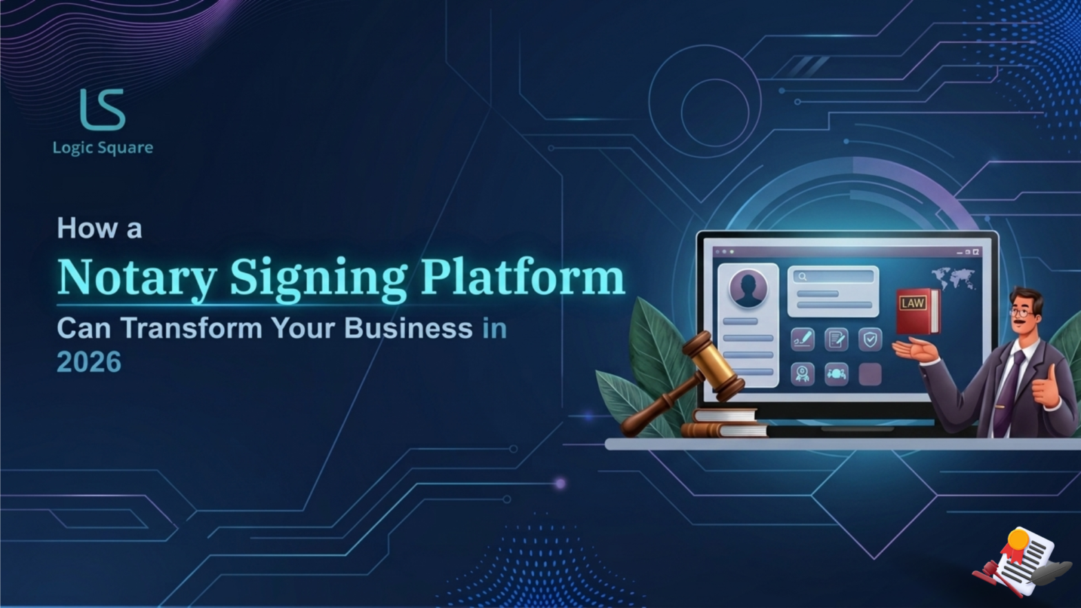 Notary signing platform dashboard illustration showing digital document management, legal tools, and business automation for 2026