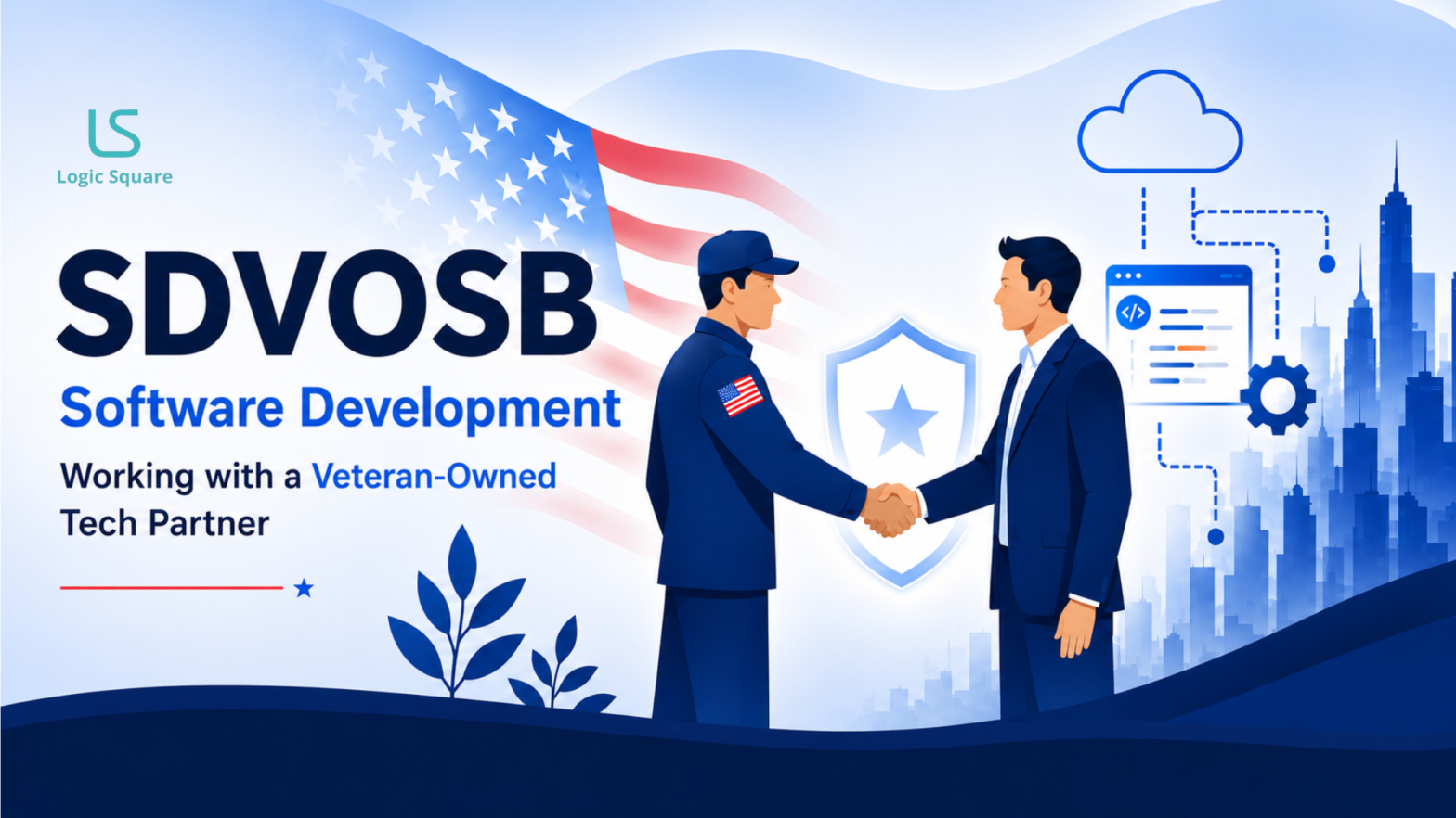 Illustration of a veteran-owned software development partnership with a military veteran and business professional shaking hands, representing SDVOSB software development services by Logic Square.