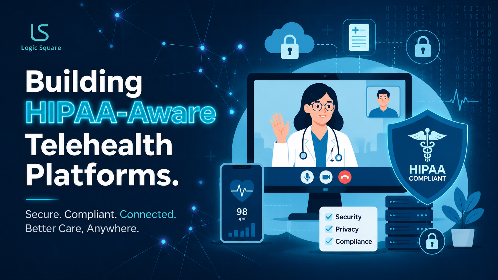 Logic Square illustration of a secure HIPAA-aware telehealth platform featuring a virtual doctor consultation, encrypted patient data, and healthcare compliance.