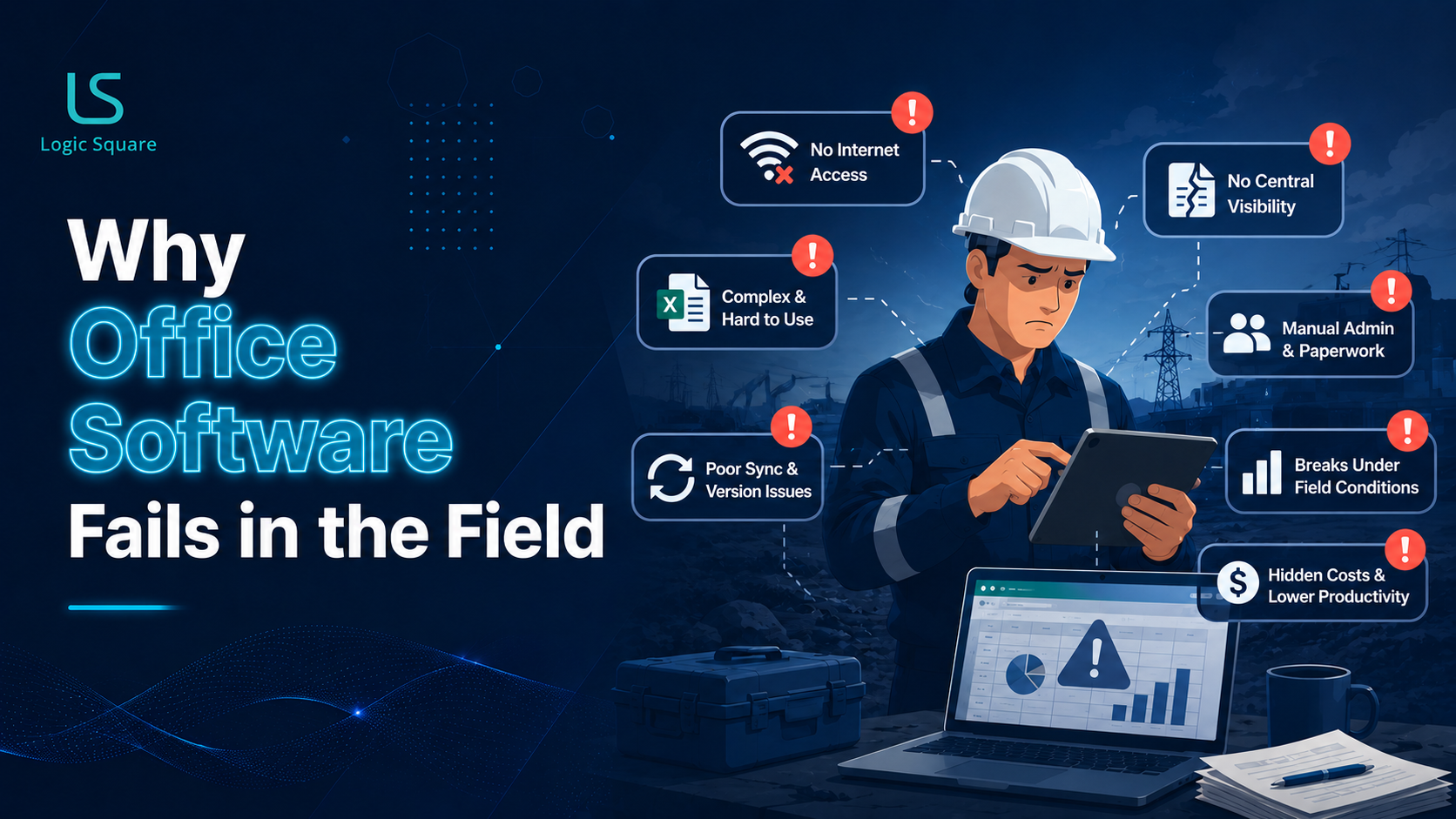 Field engineer using a tablet surrounded by alerts showing connectivity, visibility, sync, and productivity issues, illustrating why office software fails in field operations.