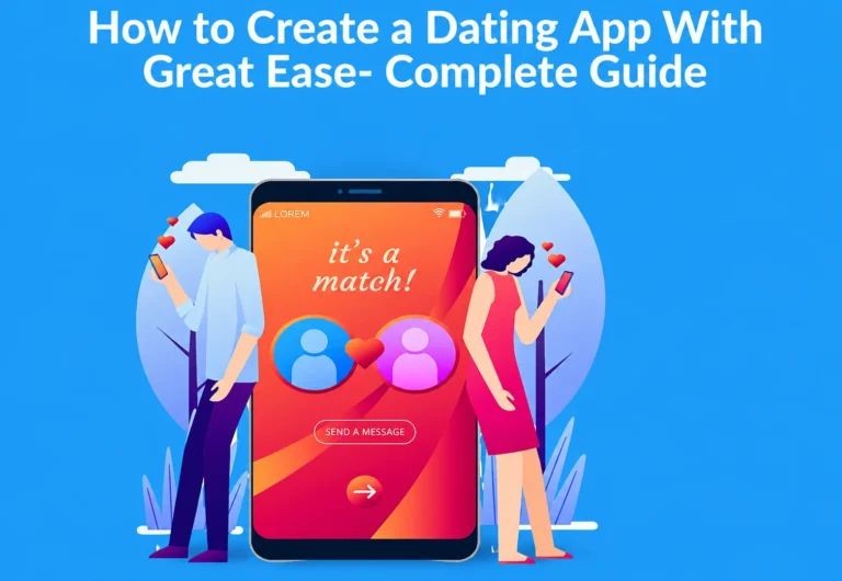Dating app illustration showing a smartphone with a match notification and two people using a dating app.