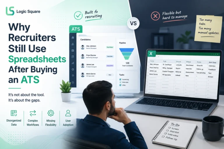Recruiter comparing an ATS with spreadsheets, highlighting disconnected data, manual work, limited visibility, and adoption challenges.