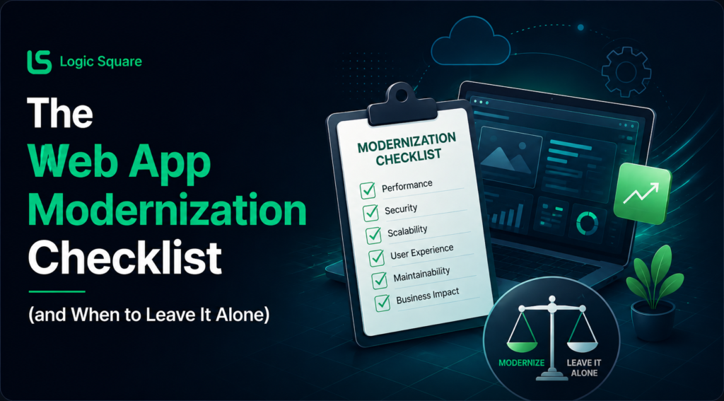 Web app modernization checklist assessing performance, security, scalability, UX, maintainability, and business impact
