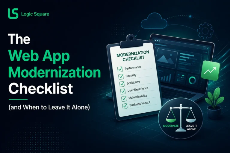 Web app modernization checklist showing performance, security, scalability, UX, and maintainability.