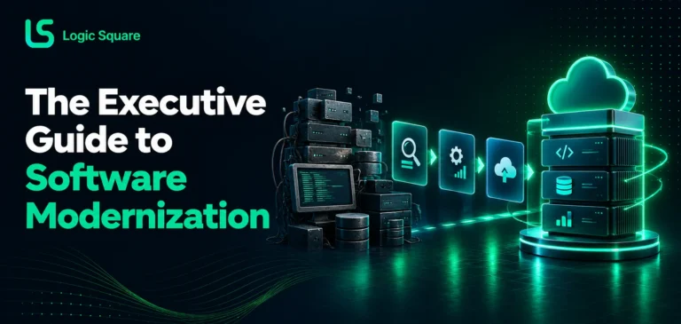 The Executive Guide to Software Modernization featuring legacy systems transitioning to modern cloud technology