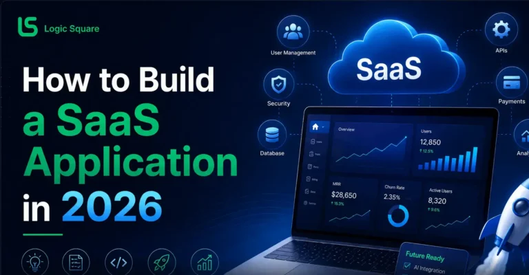 Logic Square banner illustrating how to build a SaaS application in 2026 with cloud infrastructure, analytics and essential SaaS features