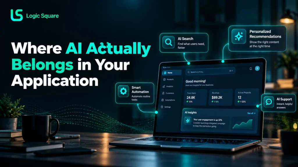 Where AI Actually Belongs in Your Application – Logic Square banner illustrating AI-powered search, smart automation, personalized recommendations, and AI support integrated into a modern application.